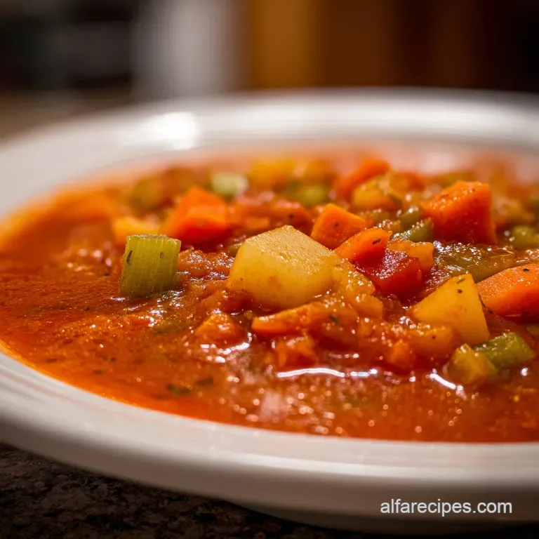Steaming vegetable soup in a deep bowl, garnished with a swirl of olive oil and fresh herbs on a wooden table.