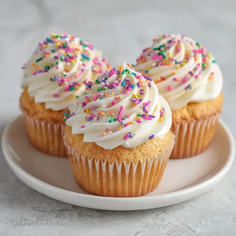 A row of frosted cupcakes on a white porcelain platter, accented by shimmering gold stars and navy blue ribbons.