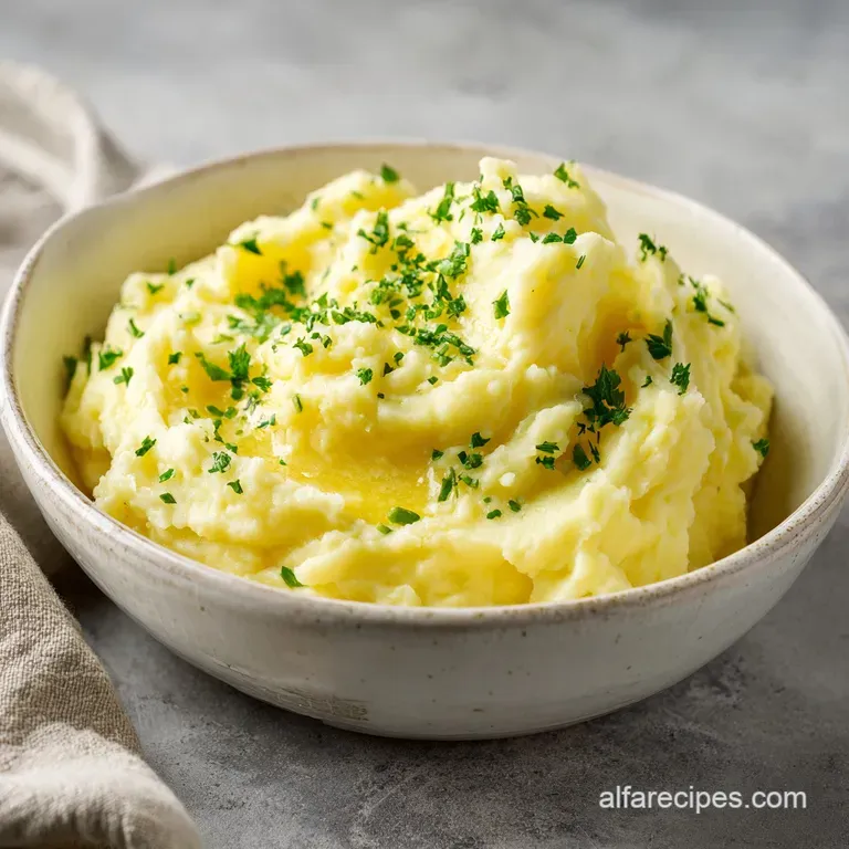 An elegantly plated mound of creamy mashed potatoes, topped with fresh chives and a drizzle of gravy.
