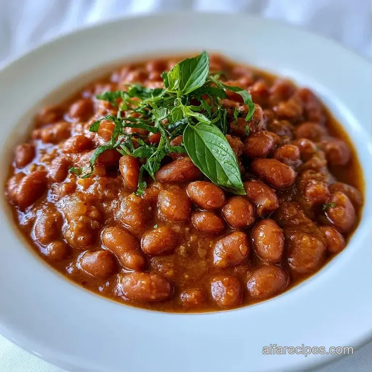 A white ceramic bowl filled with soft, tender beans in a thick sauce, garnished with red onion and fresh cilantro.