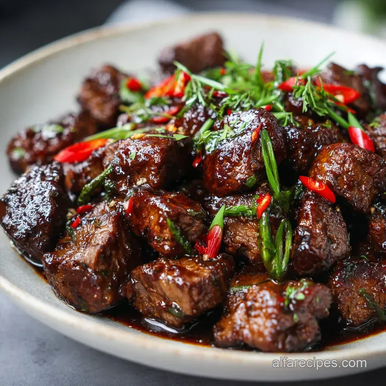 Juicy steak bites presented in a small white bowl; steam rises with a garnish of bright green herbs, ready to enjoy.