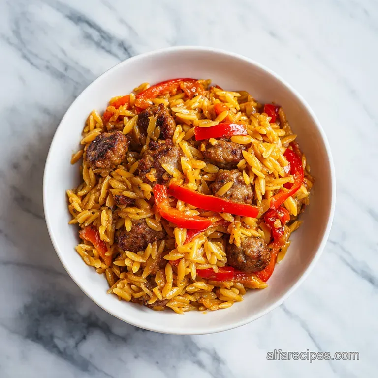 Golden pasta pearls mixed with savory sausage, served in a white bowl with a sprinkle of parmesan and fresh herbs.