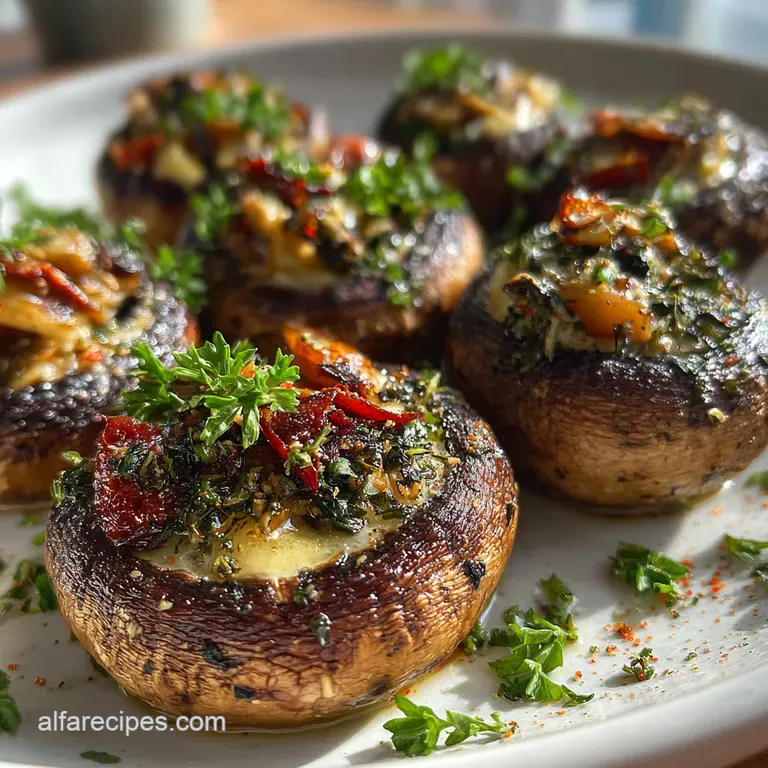 Three plump, stuffed mushrooms artfully arranged on a white plate, vibrant green parsley sprig garnish, inviting.