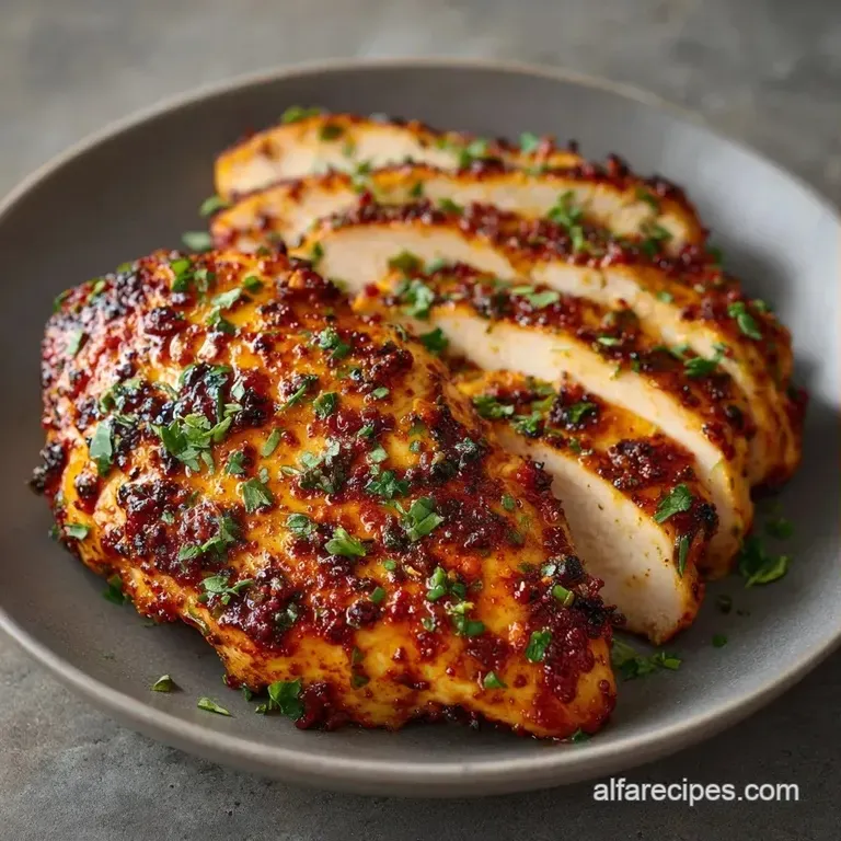 Neatly sliced poultry breast on a ceramic plate with a drizzle of glossy butter sauce and bright green asparagus.