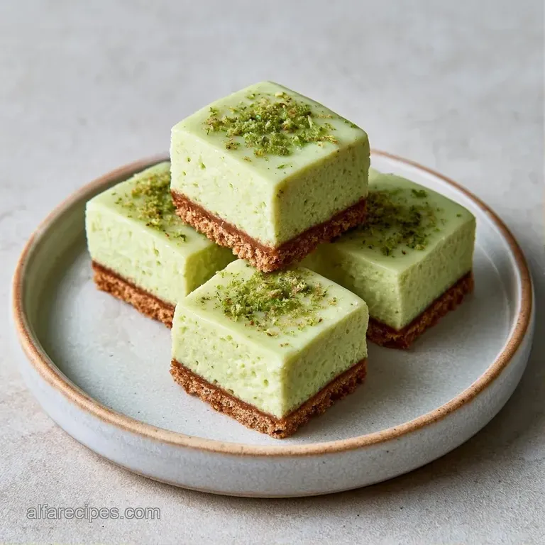 Square pale green dessert bites arranged on a white platter, garnished with thin lime slices and fresh mint leaves.