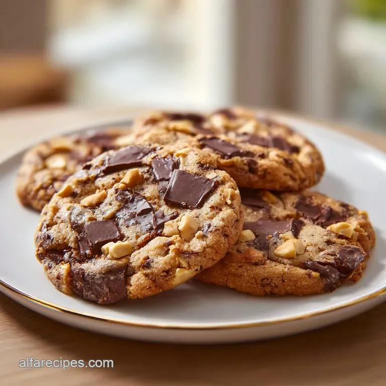A stack of warm, golden-brown cookies on a white ceramic plate, showcasing toasted oats and melted chocolate chips.