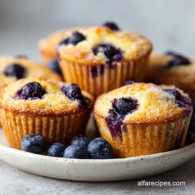 A single, moist lemon blueberry muffin on a white plate, speckled with berries, next to a lemon slice.