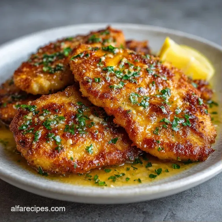 Pan-seared chicken breasts drizzled with a glossy butter sauce and bright yellow lemon rounds on a slate platter.