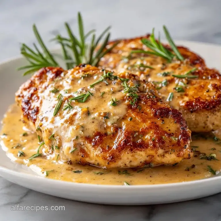 Tender seared chicken breast drizzled with a creamy white garlic sauce on a clean white plate with steamed greens.