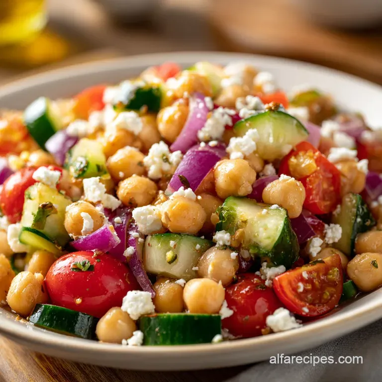Vibrant chickpea and vegetable mix served in a shallow white bowl, drizzled with oil and topped with creamy white feta.
