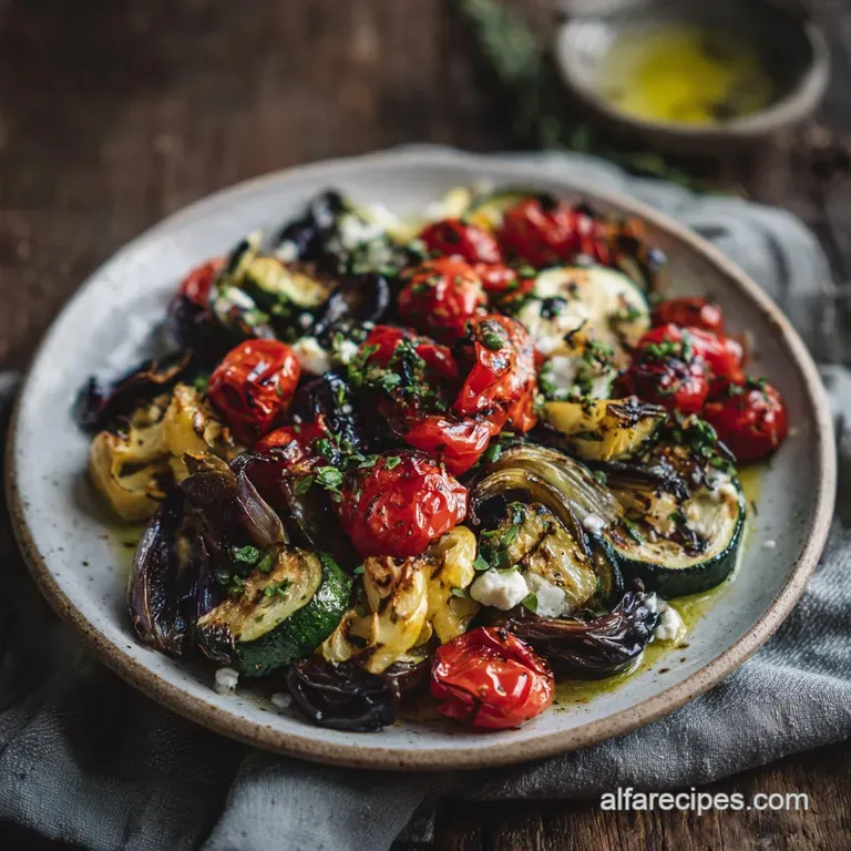 Pile of rustic roasted vegetables with browned edges. Sprigs of herbs scattered on white platter for serving, ready to eat.