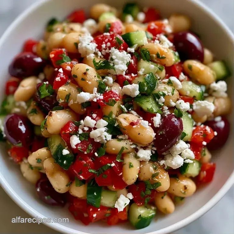 Colorful mix of beans, red peppers, and crumbled feta served in a white ceramic bowl with fresh parsley