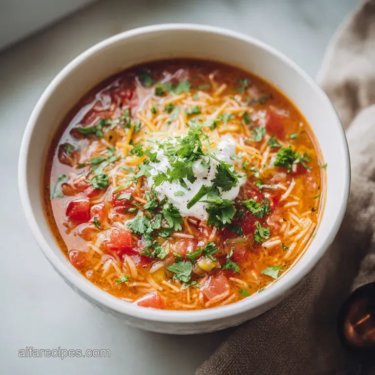 Bowl of warm fideo soup, garnished with fresh avocado slices, crumbled cheese, and a lime wedge on a wooden surface. Comfo...