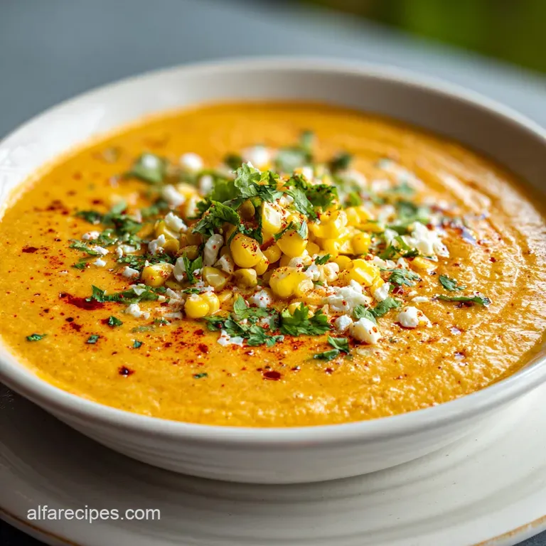 Elegant bowl of golden soup, studded with charred corn and bright green herbs. Lime wedge adds a zesty pop of color.