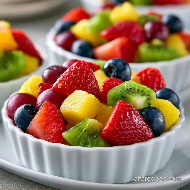 A row of clear dessert glasses filled with layered colorful fruit pieces on a marble surface with mint leaves.