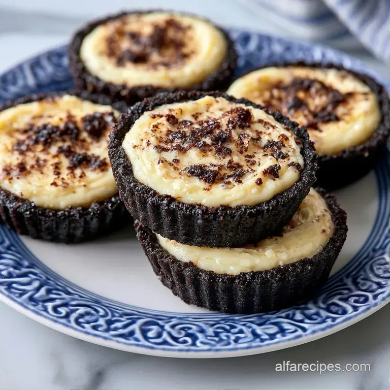Tiny round cheesecakes arranged on a dark slate board, topped with a sprinkle of cocoa crumbs and mint leaves.