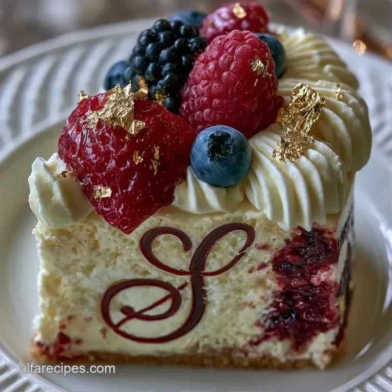 Letter-shaped cake on a white marble platter, garnished with colorful macarons and shimmering gold confetti.