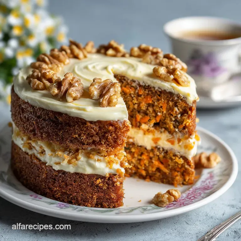 Slice of carrot cake with walnuts, cream cheese frosting swirled artfully. Plate dusted with powdered sugar. Comforting an...
