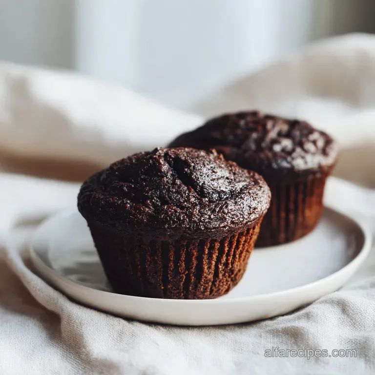 Three moist chocolate muffins artfully arranged with a sprinkle of powdered sugar.