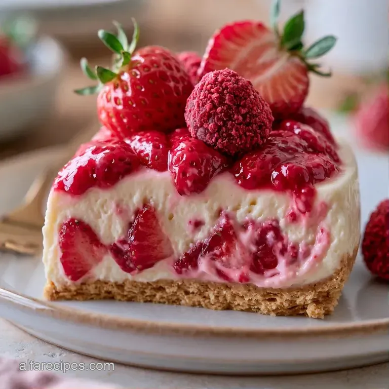 Elegant slice of layered white cream and red berries on a white plate, garnished with a fresh sprig of mint.