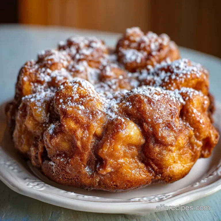 A thick slice of warm apple fritter bread, glistening with a sweet glaze and dusted with cinnamon sugar.