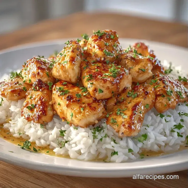 Elegant plating of seared golden chicken atop a bed of fluffy white rice, garnished with a fresh parsley sprig.