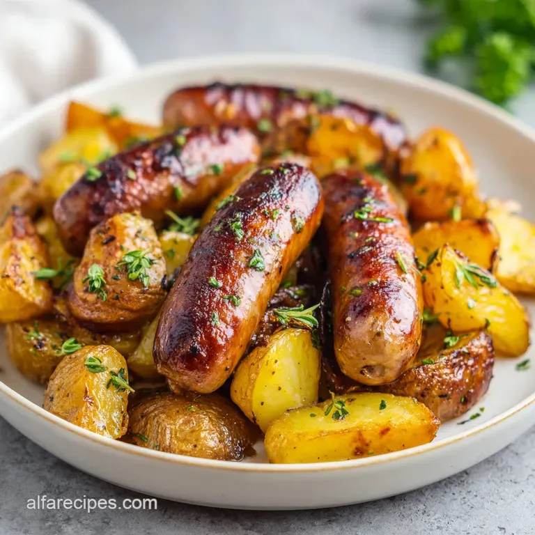 Plated bratwurst and potatoes, garnished with fresh parsley; steam rising indicates a hot, satisfying dish.