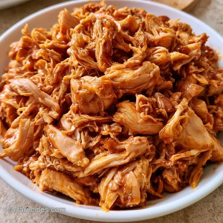 Neatly piled shredded chicken breast on a white porcelain plate, garnished with bright green parsley and a lemon wedge.