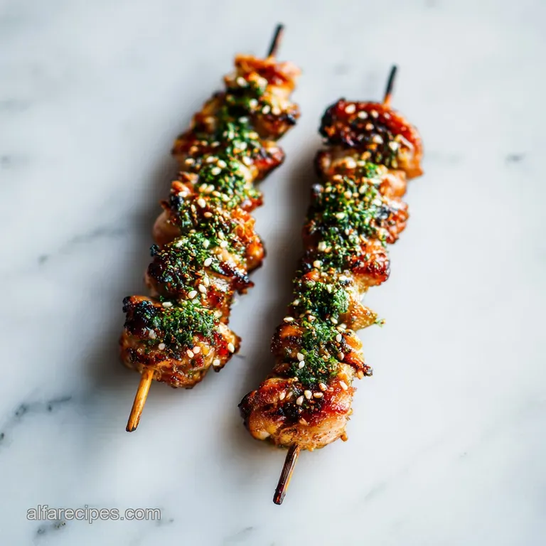 Paleo chicken skewers plated with toasted sesame seeds and a side of bright, pickled ginger showing off textures.