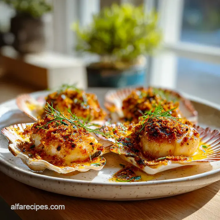Perfectly seared scallops artfully arranged, bright lemon wedges, fresh herbs adding pops of green on a modern white plate.