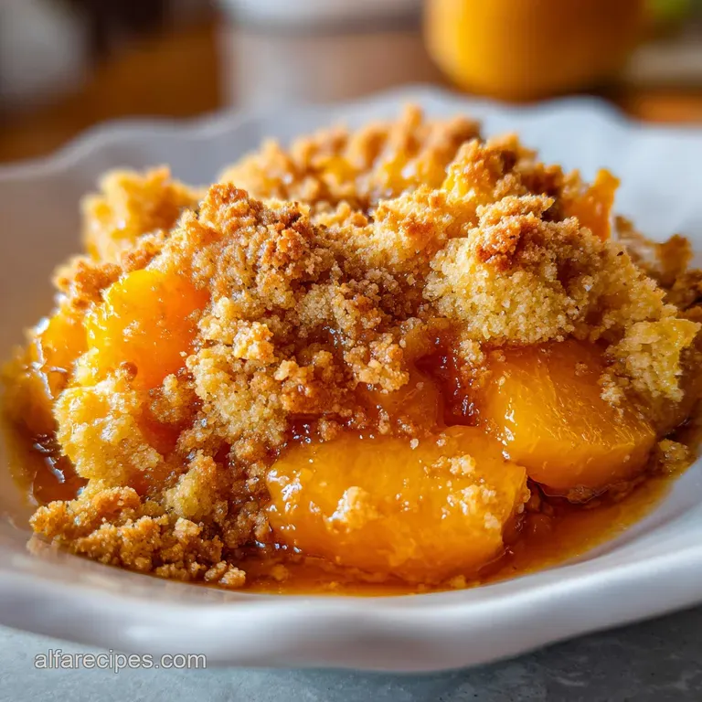 A slice of warm peach dessert with a crisp golden crust, topped with a melting scoop of white vanilla ice cream.
