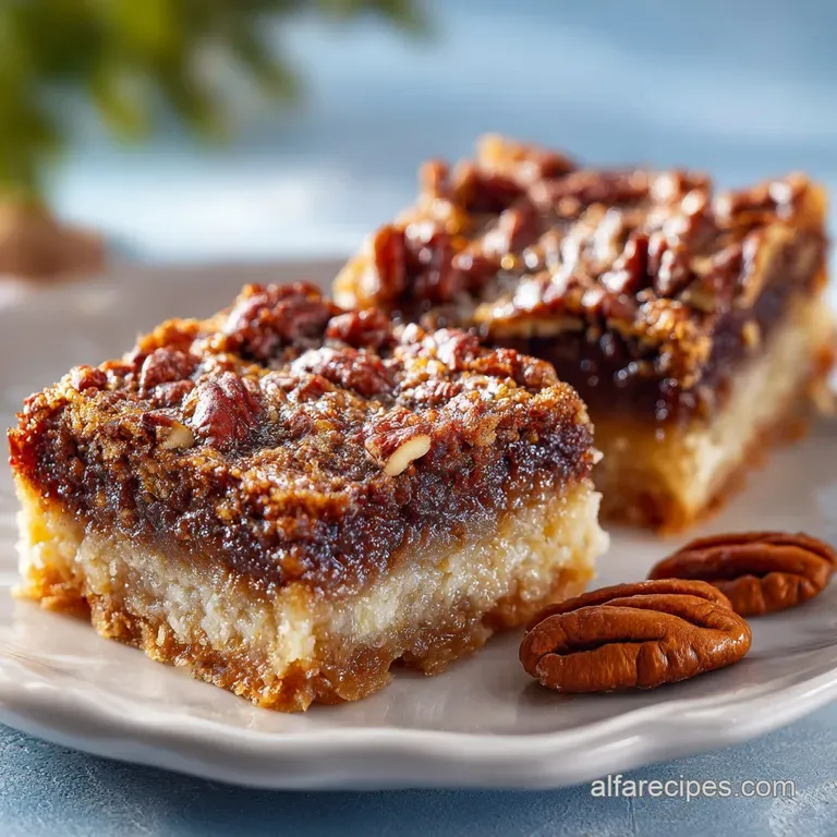 A single square, glistening with melted caramel, rests on a white plate with a dusting of powdered sugar.