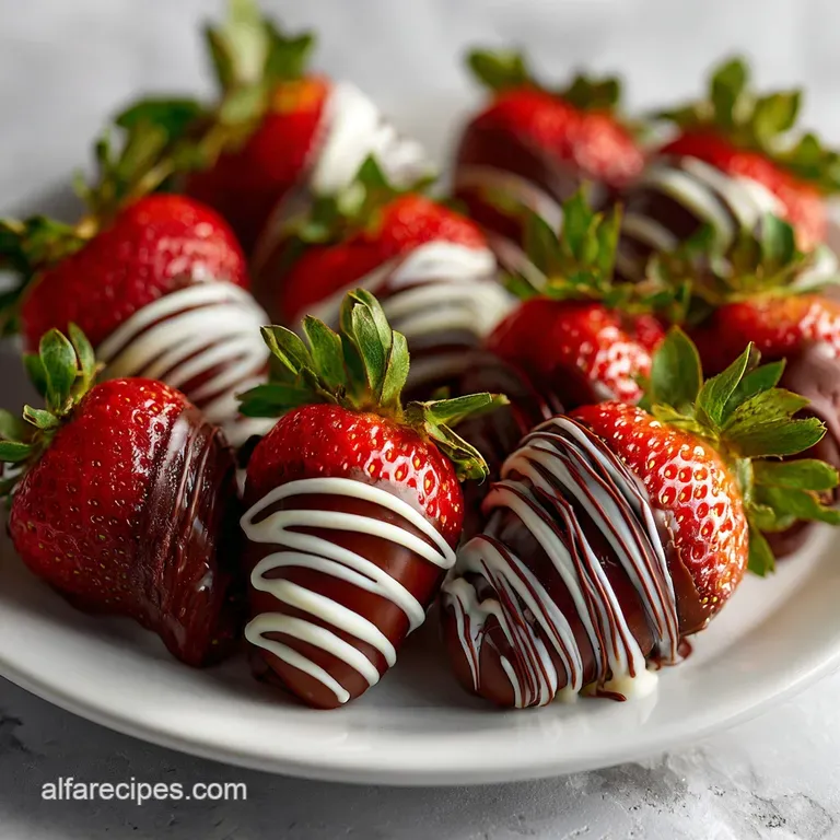 Elegant dessert: chocolate-covered strawberries displayed on a white plate, reflecting light. Red pops against the creamy ...