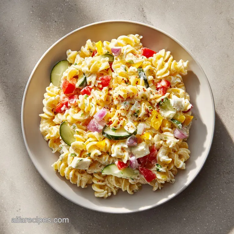 A generous serving of colorful pasta salad with crisp dill pickle pieces and vibrant yellow cheddar cheese.