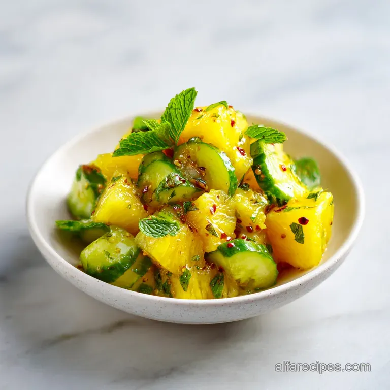 Refreshing cucumber and pineapple salad, artfully arranged on a plate, topped with mint sprigs, showcasing its bright, fre...