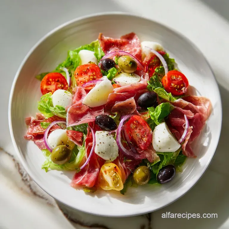 Artfully arranged antipasto salad on a white plate, showcasing glossy olives, vibrant peppers, and neatly rolled salami sl...