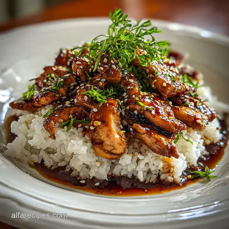 Plated chicken teriyaki: glistening, dark brown chicken on white rice, sprinkled with sesame seeds and scallions, next to ...