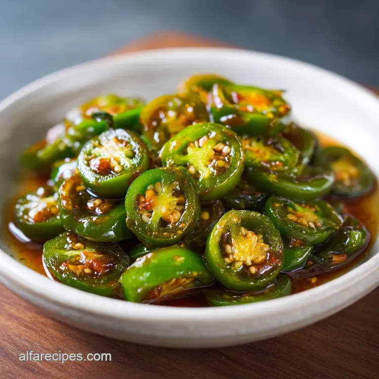 Neatly arranged pickled jalape&ntilde;o slices on a small plate, their glossy surfaces catching the light, hinting at a spicy, ta...