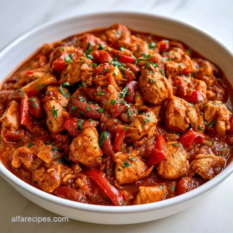 A white ceramic bowl of rich red stew, finished with a swirl of cool sour cream and sliced green scallions.