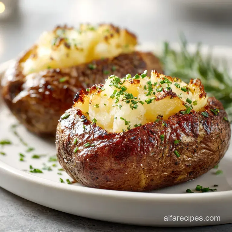 Perfectly baked potato, topped high with creamy sour cream, vibrant green chives, and crispy bacon. Served on a white plate.