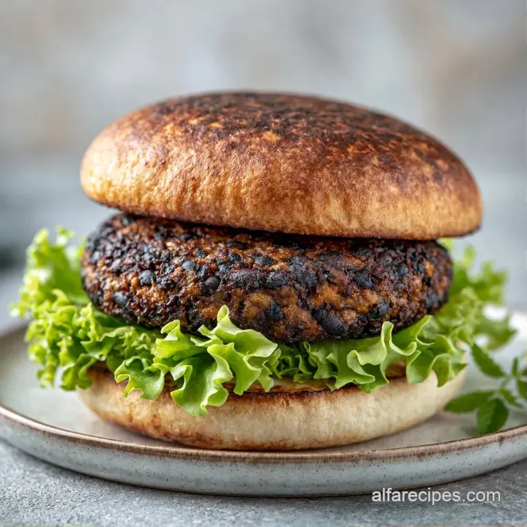 A seared plant-based patty topped with avocado slices and sprouts on a rustic slate platter with side greens