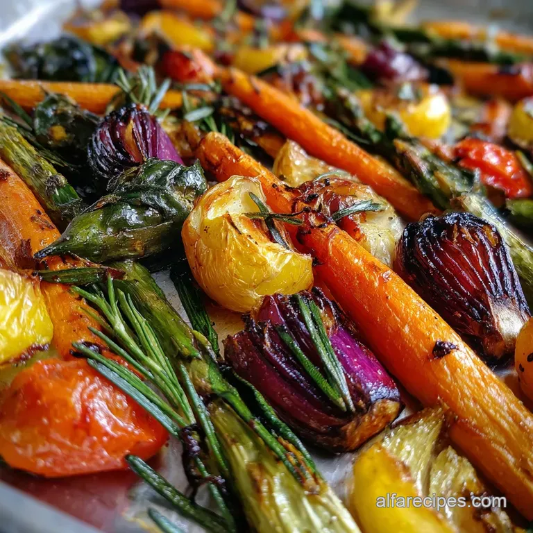 Glossy roasted vegetables arranged artfully on a white plate, steam rising slightly, with a sprinkle of fresh herbs adding...