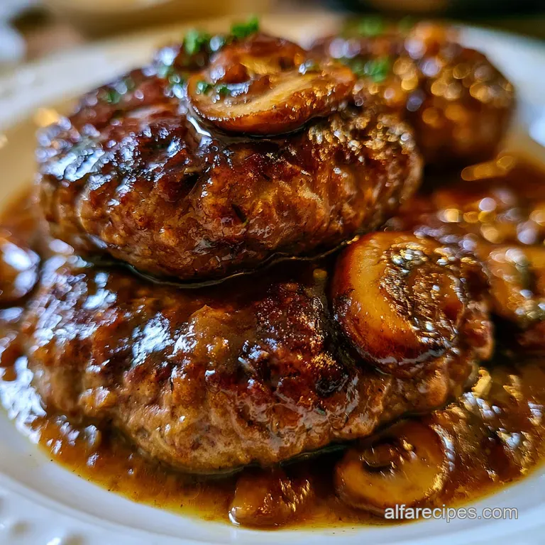 Plated savory beef patties drenched in a deep brown onion gravy, served with a side of bright green steamed peas.
