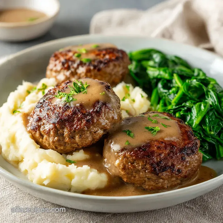 A glistening Salisbury steak on creamy mashed potatoes, topped with savory gravy and accompanied by bright green, al dente...