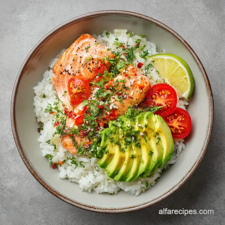 Salmon and avocado rice bowl, meticulously arranged. Sesame seeds & a drizzle of sauce add sheen. Fresh herbs brighten the...