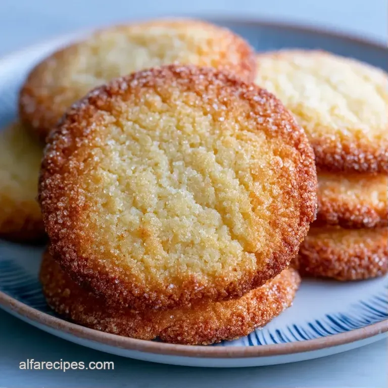 Neatly stacked buttery cookies on a ceramic plate, garnished with fresh mint leaves and a dusting of powdered sugar.