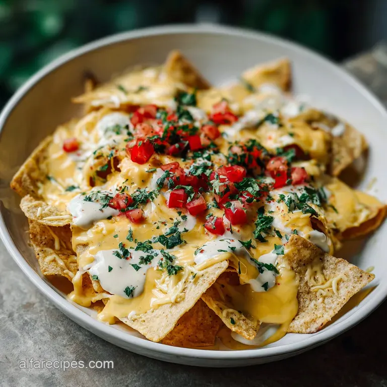 Creamy cheddar sauce cascading artfully over a tower of tortilla chips, garnished with bright pops of chopped tomatoes and...