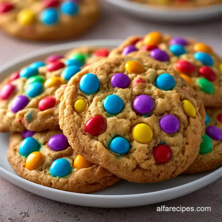 Elegant stack of golden-brown cookies with colorful candy bits arranged on a white marble slab with a silk ribbon.