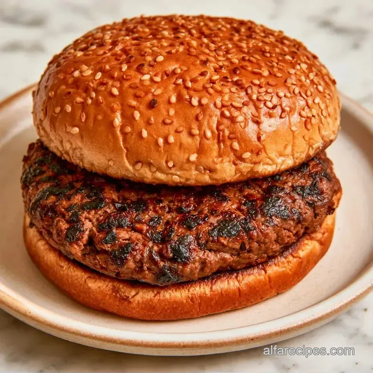 Searing dark patty on a toasted bun paired with golden sweet potato fries on a minimalist white ceramic plate.