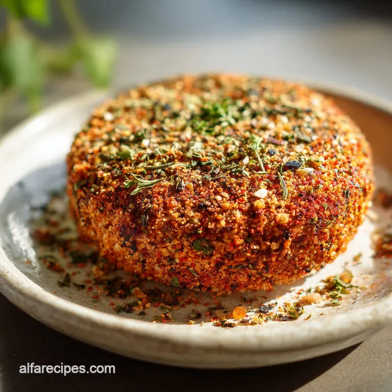 Close-up of burger seasoning mix in a glass jar, the blend of spices creating a rich, warm color palette.